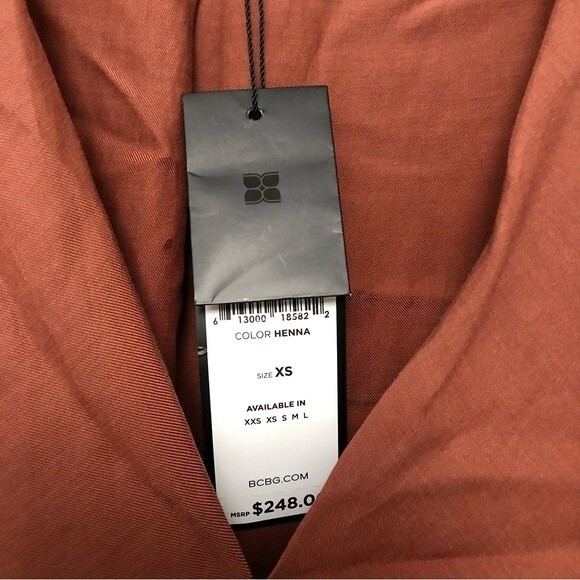 NWT BCBGMaxAzria Gabriella High Low Dress Deconstructed Shirt Brown V-Neck XS - Picture 3 of 6